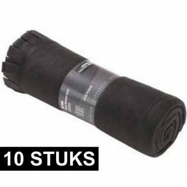 10x fleece dekens/plaids met franjes zwart 130 x 170 cm